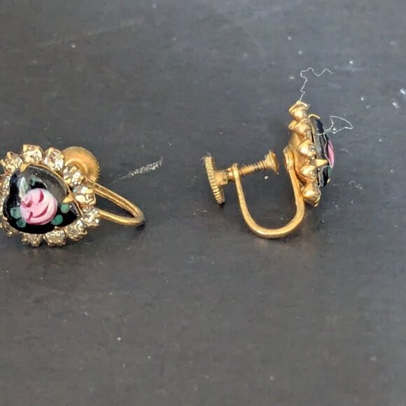 Vintage Screw Back Earrings W/ Floral Black Glass Cabochons & Rhinestones - Picture 2 of 6